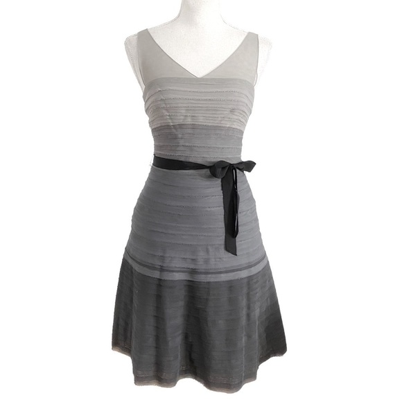 BCBGMAXAZRIA WENDY GREY OMBRE SLEEVELESS FIT & FLARE BELTED COCKTAIL PROM DRESS - Picture 1 of 10